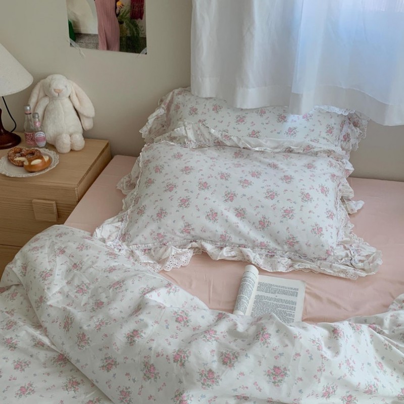 Pink Floral Coquette Cotton Duvet Cover Set, Ruffle Lace Frill Single/Full Duvet Cover Set