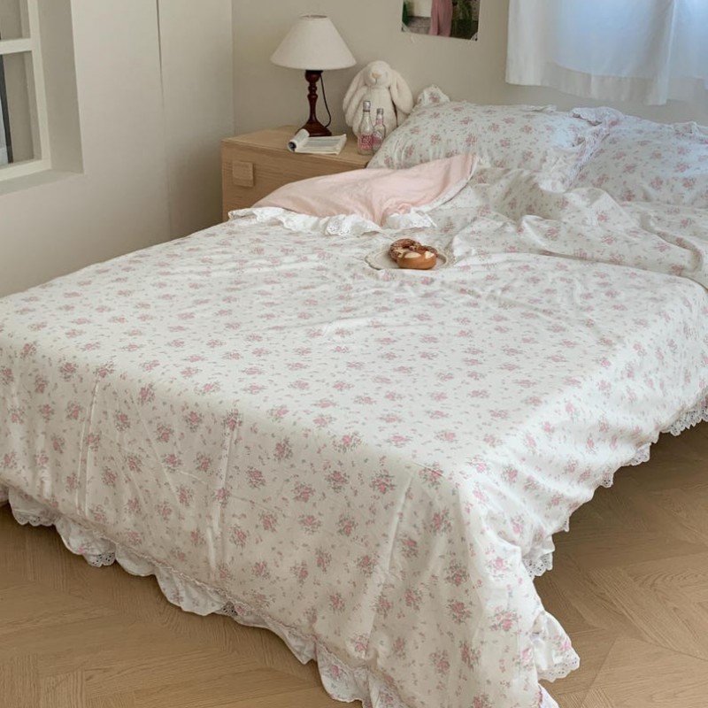 Pink Floral Coquette Cotton Duvet Cover Set, Ruffle Lace Frill Single/Full Duvet Cover Set