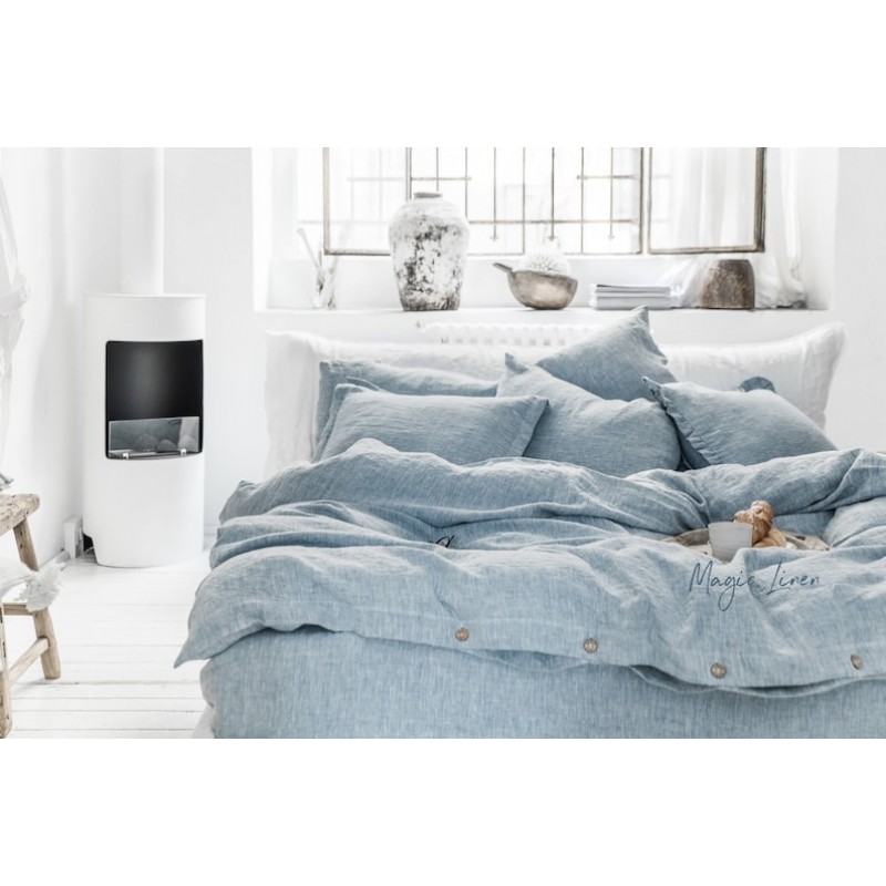 Linen bedding set in Blue Melange (Denim). King, queen duvet cover set + 2 pillowcases. MagicLinen